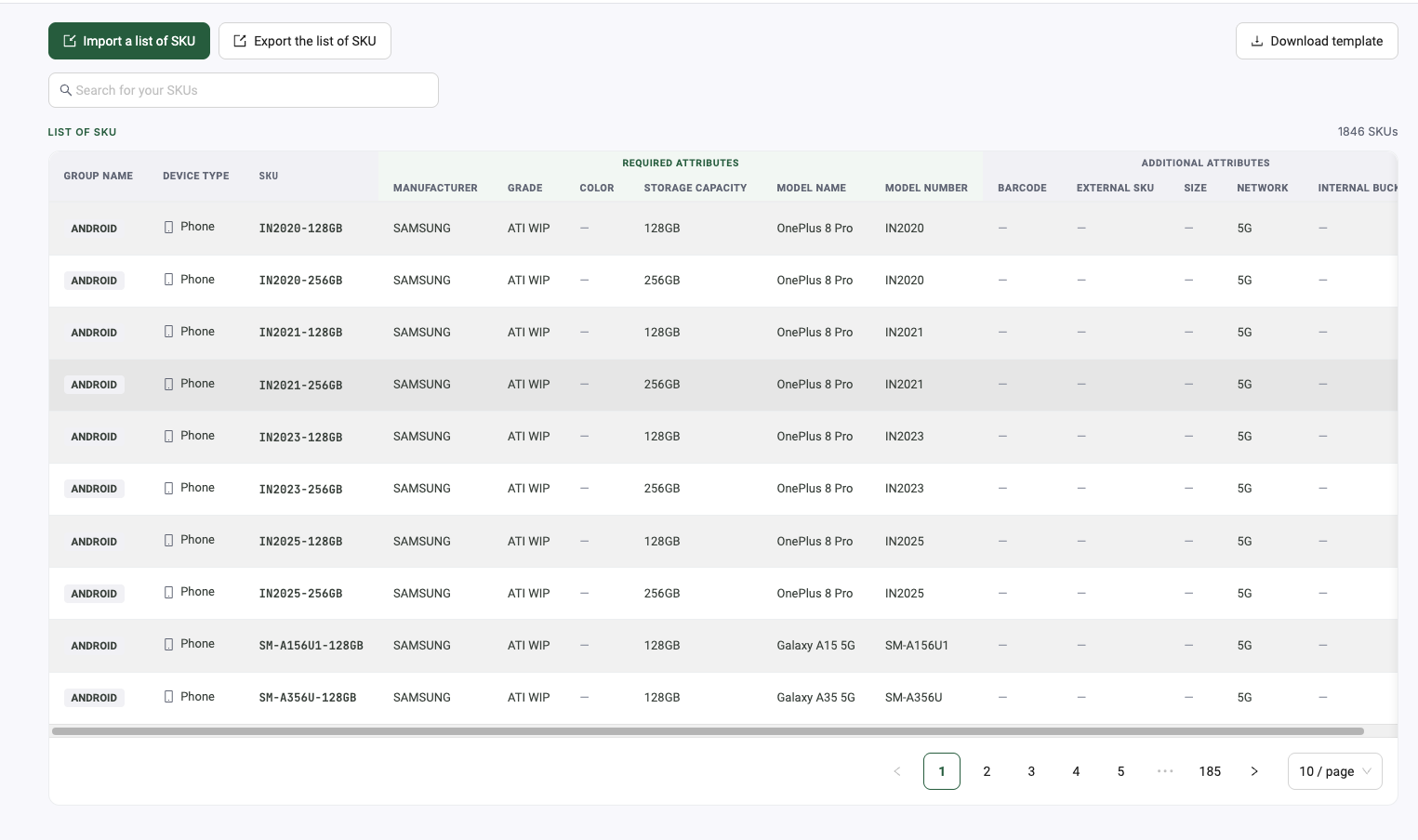 SKU manager showing 1,846 SKUs across 185 pages with import, export and template controls.