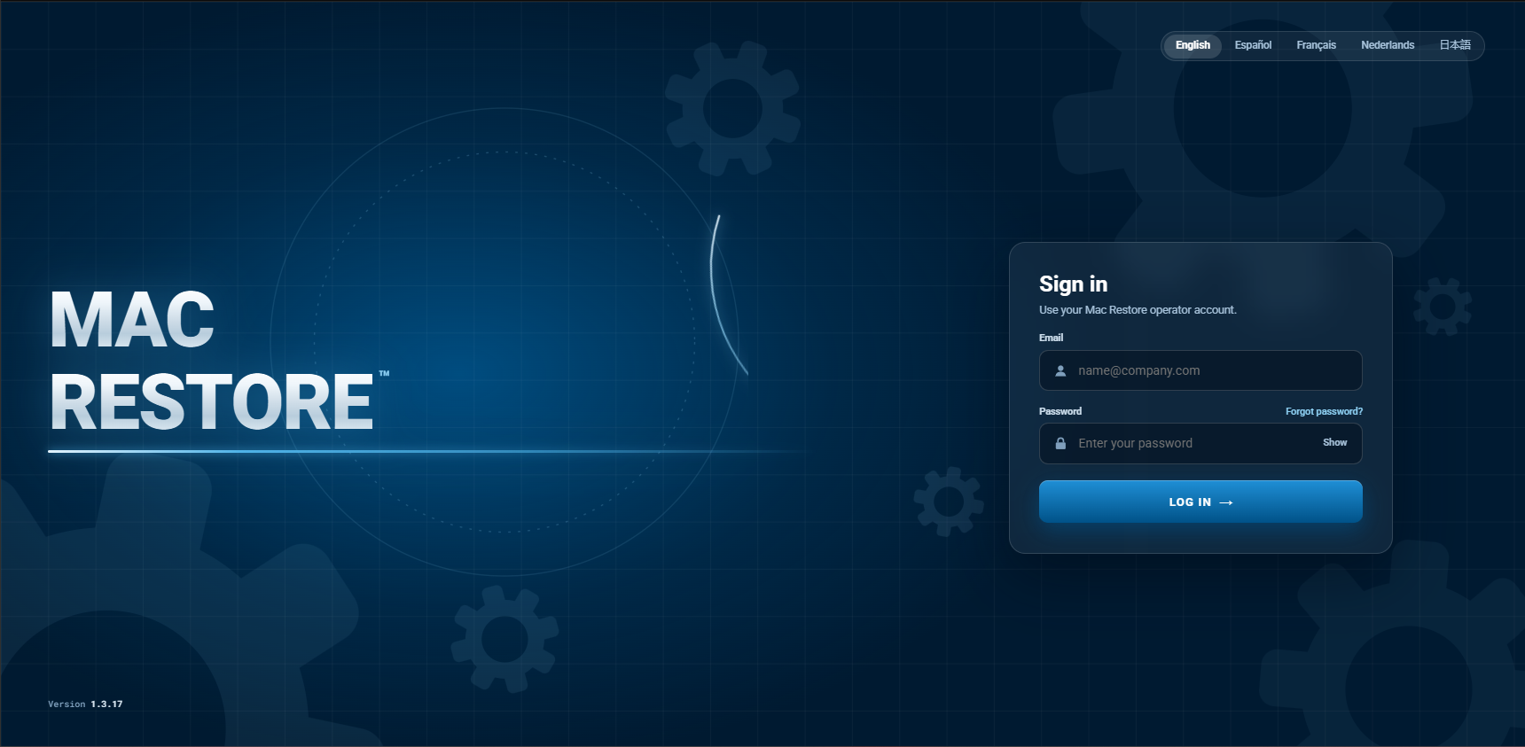 Mac Restore sign-in screen with an email and password form, five language options, and the version number in the corner.