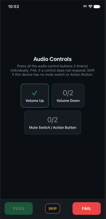 Audio controls guided test showing per-button counters for volume up, volume down and the mute switch, with pass, skip and fail buttons.