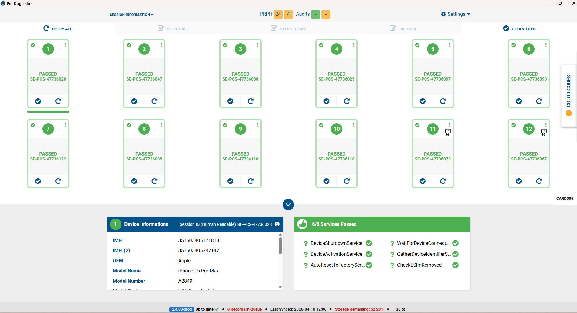 Pro-Diagnostics Desktop showing 12 device tiles with passed diagnostic results and detailed device information for an iPhone 15 Pro Max