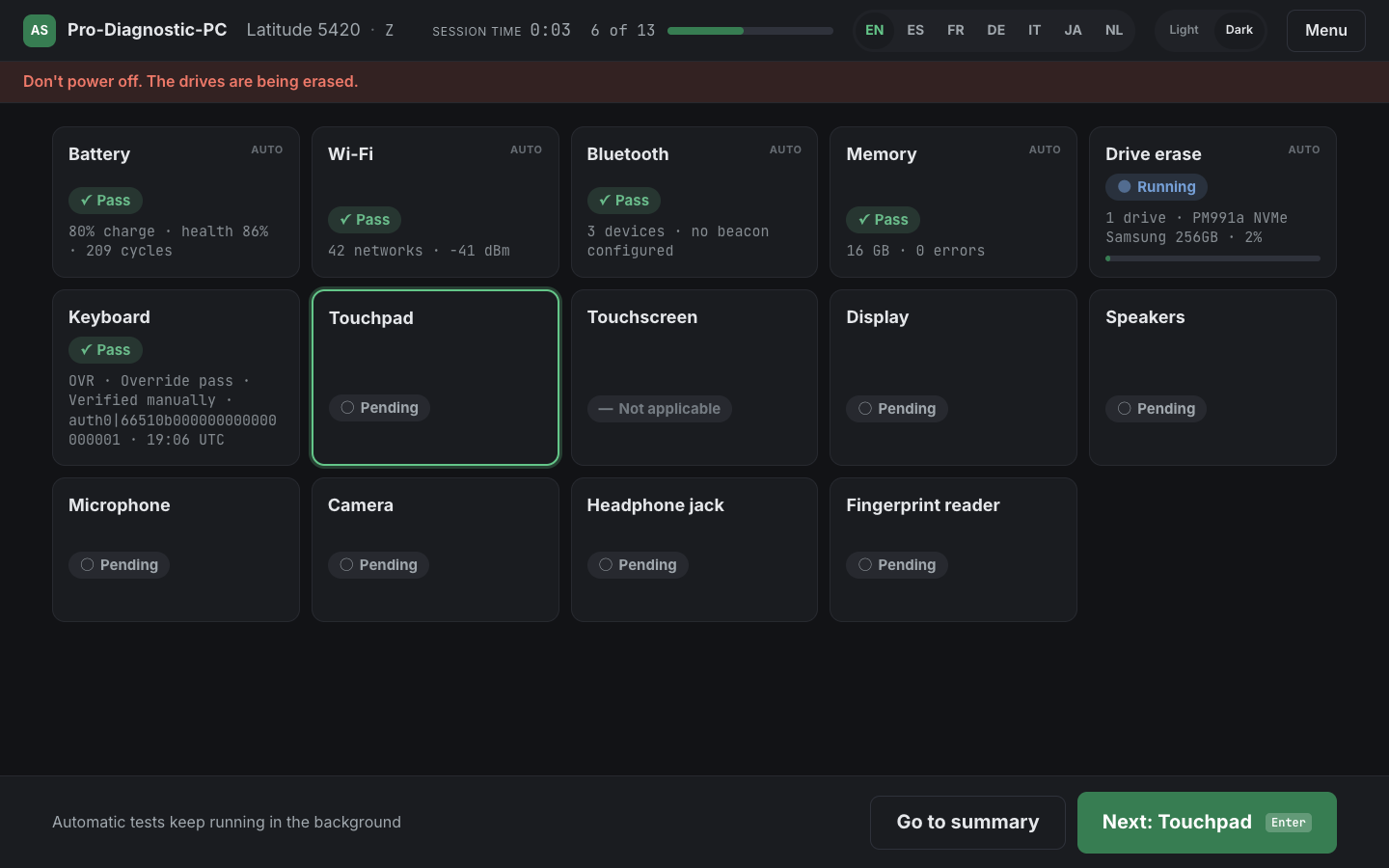 Pro-Diagnostic run dashboard, six of thirteen complete: battery, Wi-Fi, Bluetooth and memory passed on their own, drive erase running in the background, and the guided tests still pending.