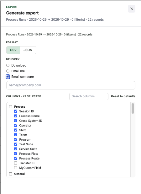 Generate export dialog offering CSV or JSON, download or email delivery, and a list of selectable columns.