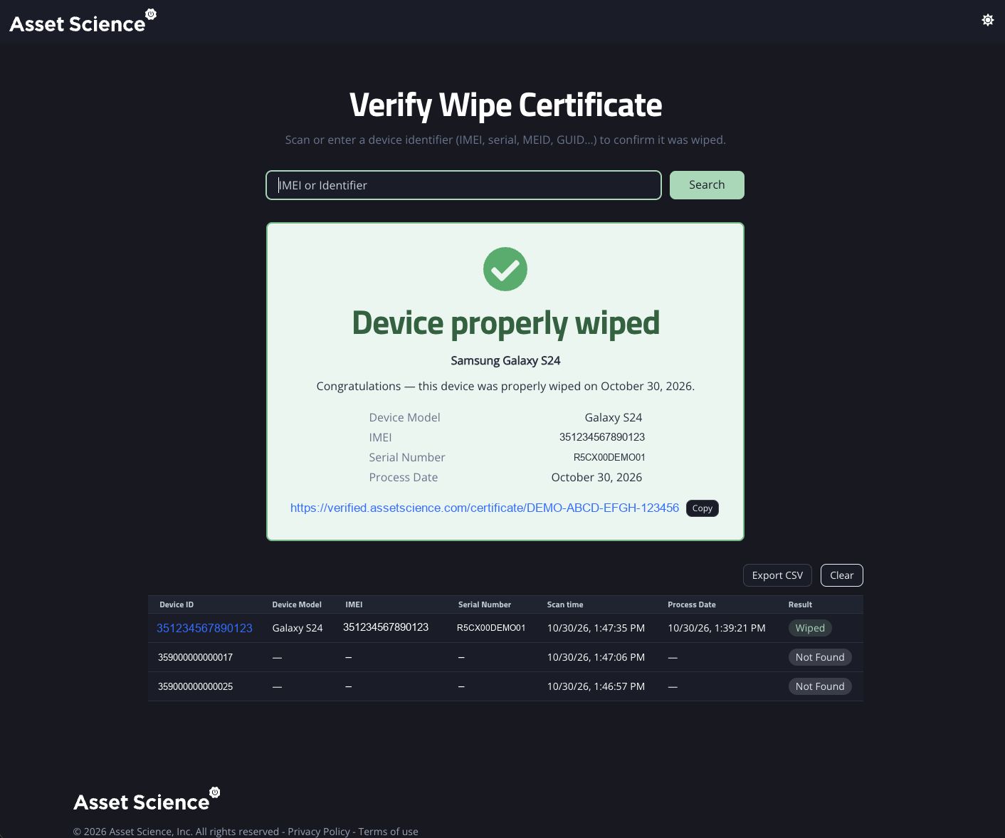 The public Verify Wipe Certificate page: an identifier search box, a result card reading Device properly wiped with model, IMEI, serial and process date, a shareable certificate link, and a scanned-batch table with an Export CSV button.